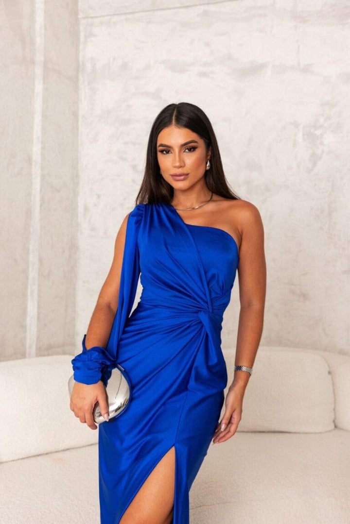 Dress Women Asymmetric Neckline Pleated – Evening