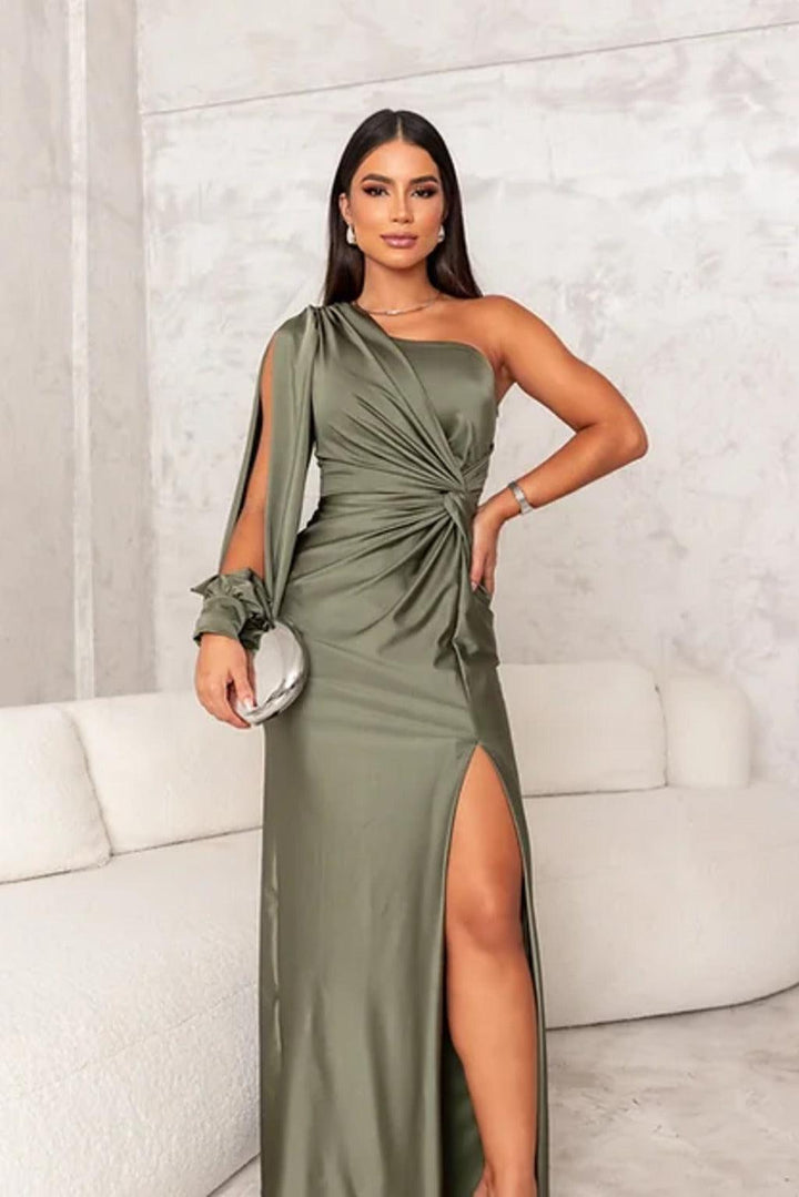 Dress Women Asymmetric Neckline Pleated – Evening