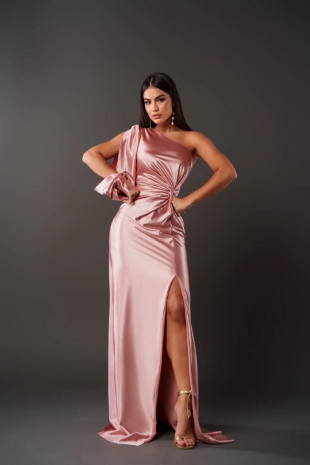 Dress Women Asymmetric Neckline Pleated – Evening