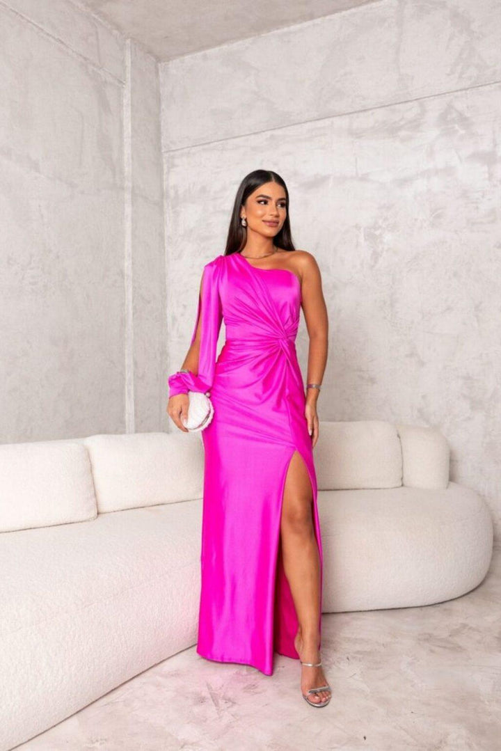 Dress Women Asymmetric Neckline Pleated – Evening