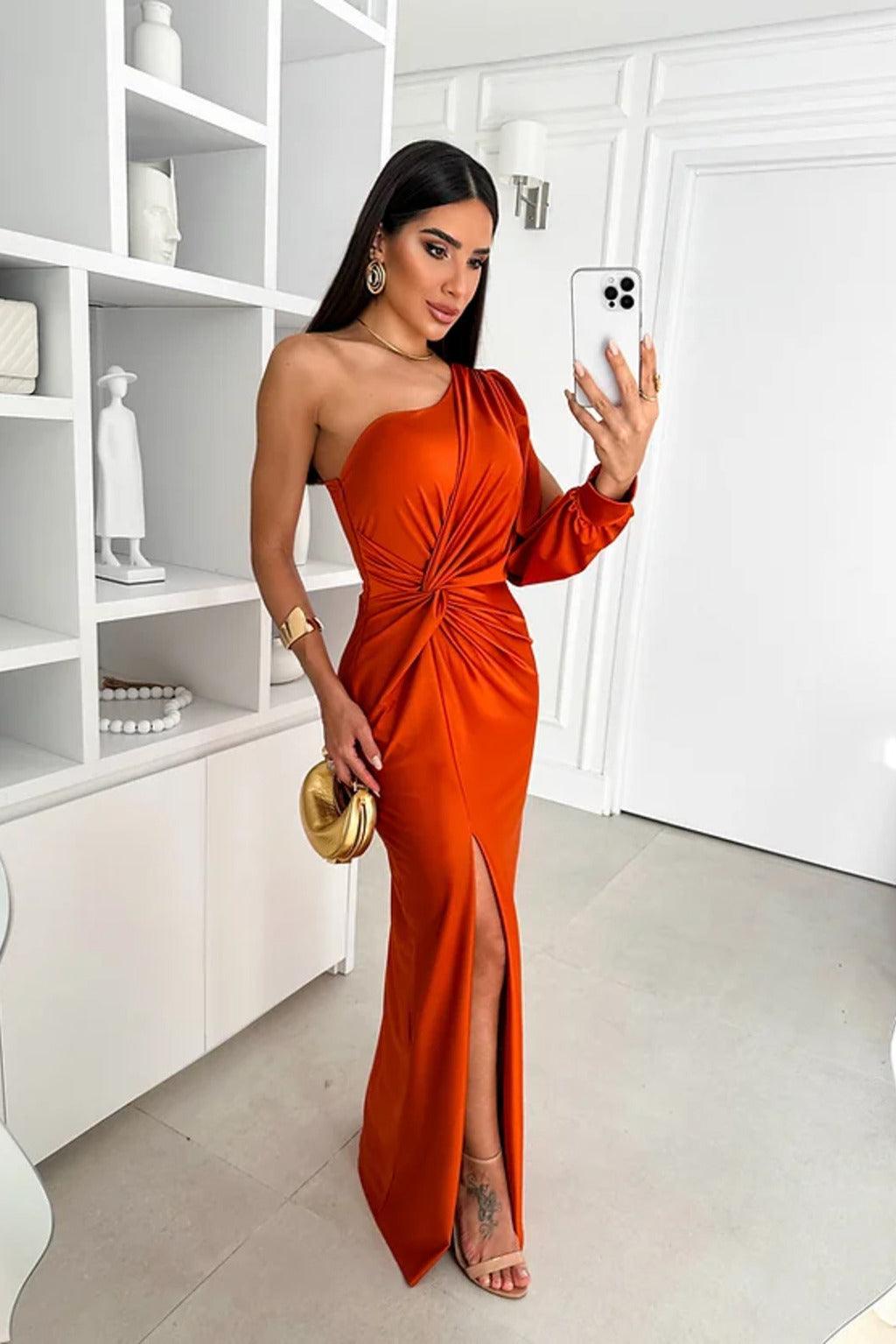 Dress Women Asymmetric Neckline Pleated – Evening