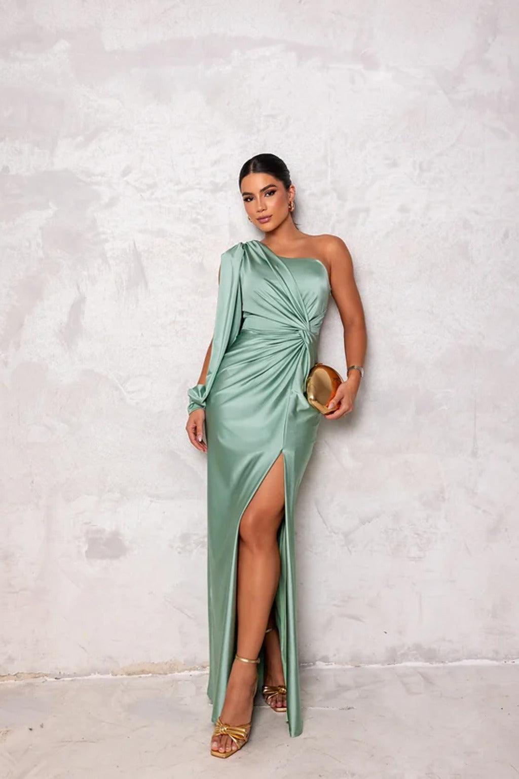 Dress Women Asymmetric Neckline Pleated – Evening