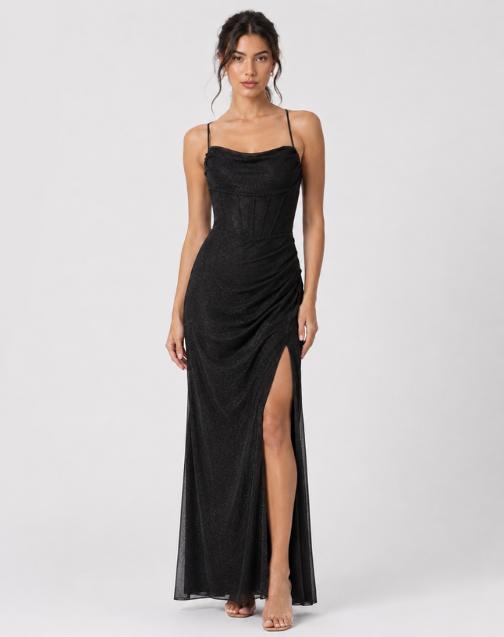 Dress Women Maxi Glitter Spaghetti Straps Split – Evening