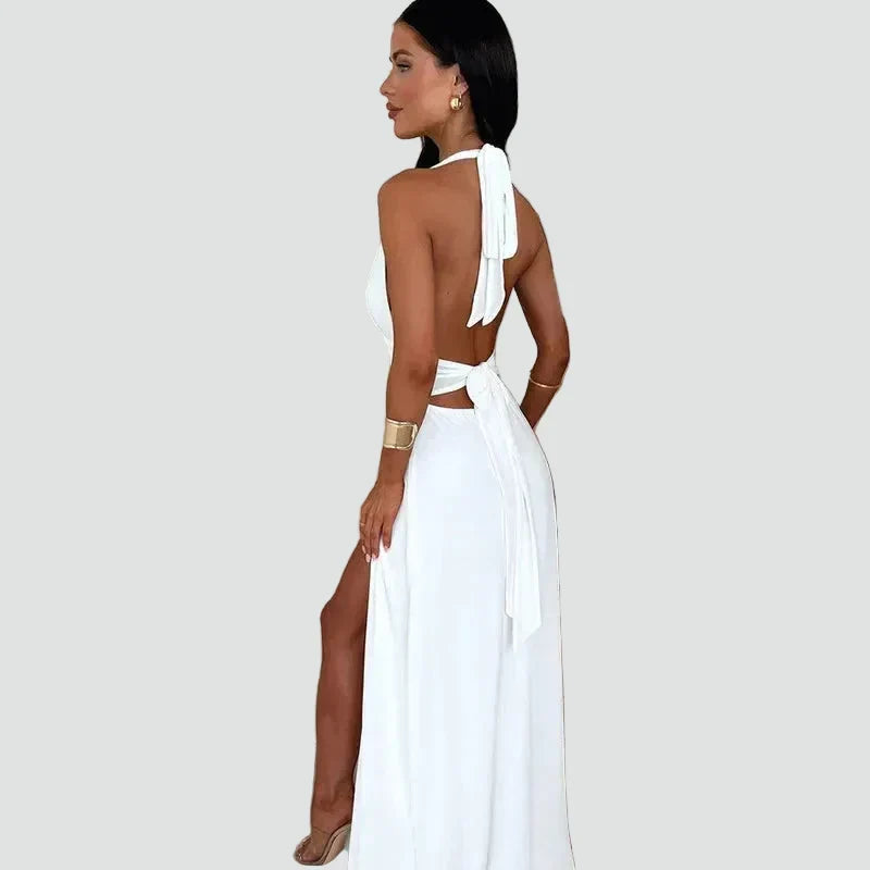 Dress Women Maxi Halter Deep Neckline Split – Evening