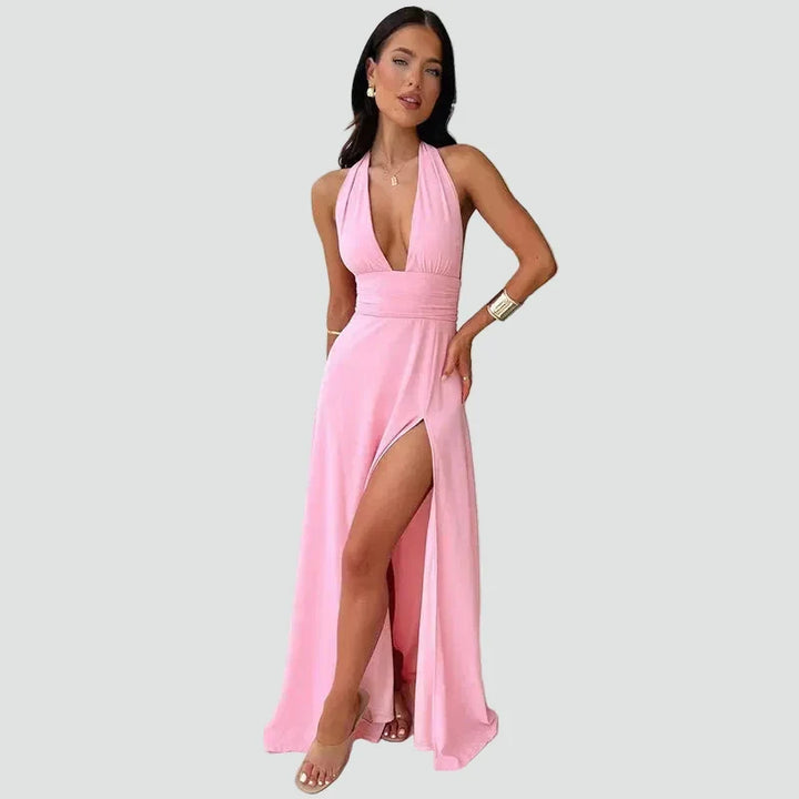 Dress Women Maxi Halter Deep Neckline Split – Evening