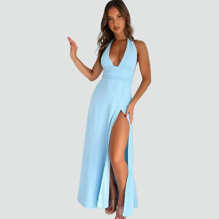 Dress Women Maxi Halter Deep Neckline Split – Evening
