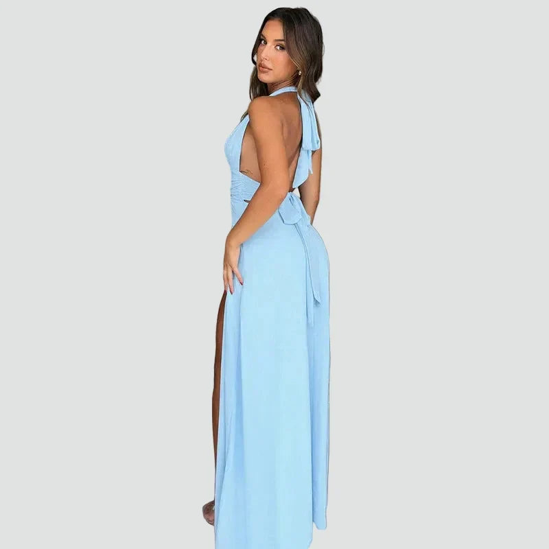 Dress Women Maxi Halter Deep Neckline Split – Evening