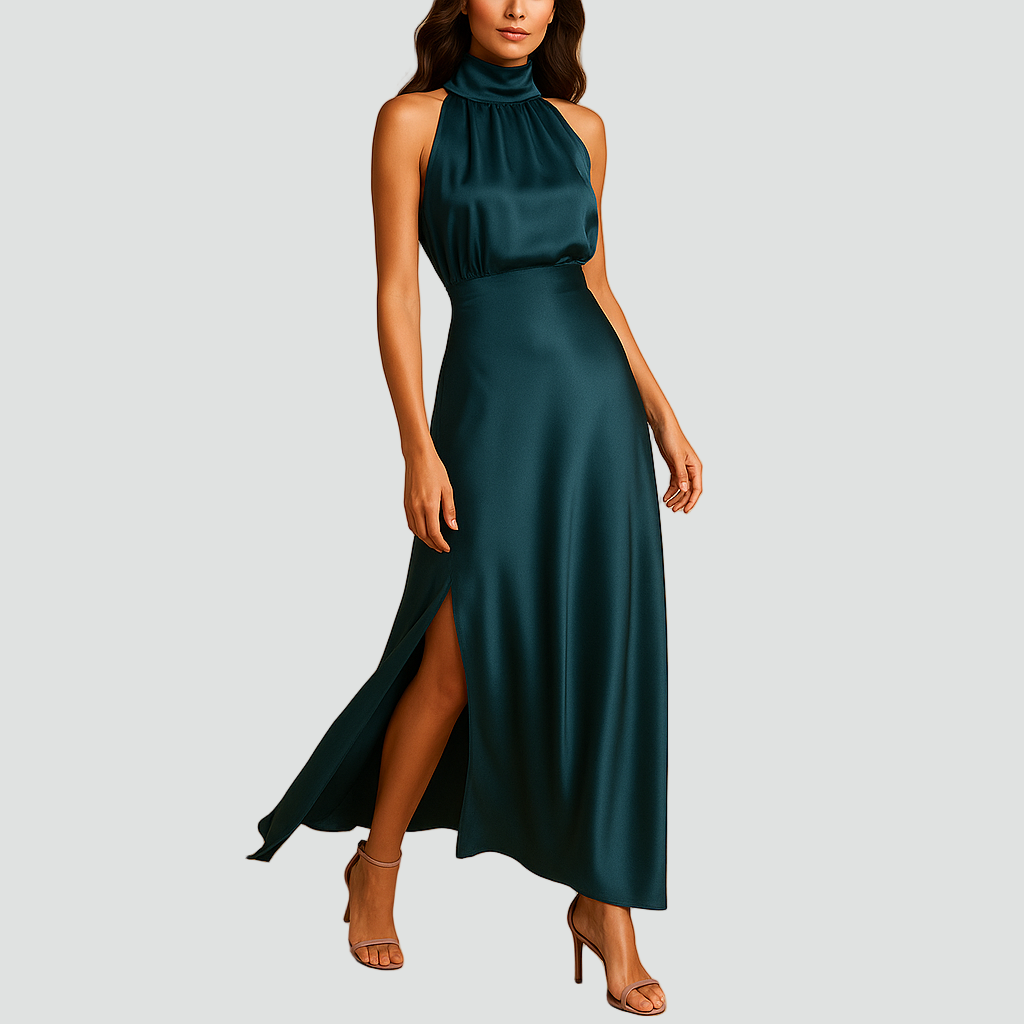 Dress Women Maxi Satin High Neck Split – Evening
