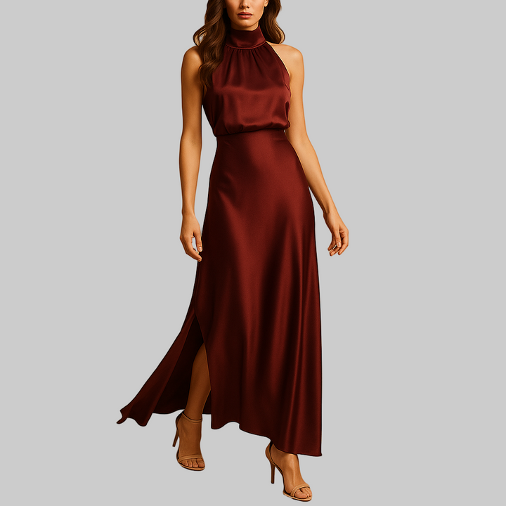 Dress Women Maxi Satin High Neck Split – Evening