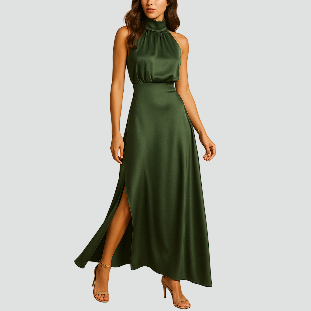 Dress Women Maxi Satin High Neck Split – Evening