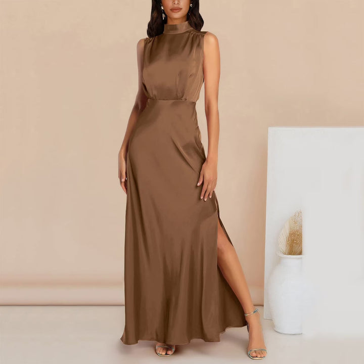 Dress Women Maxi Satin High Neck Split – Evening