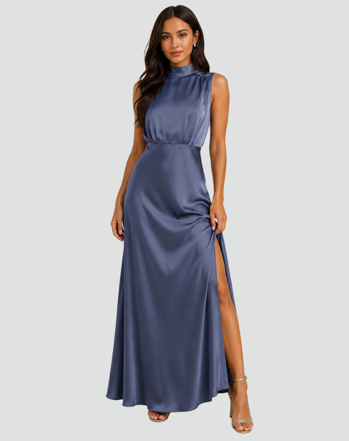 Dress Women Maxi Satin High Neck Split – Evening