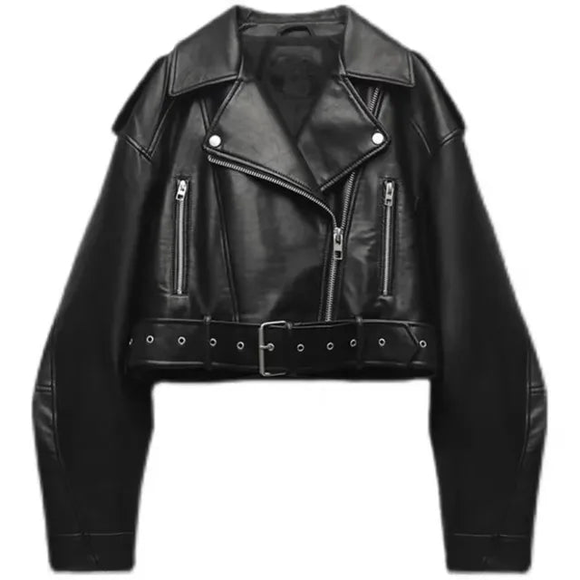Jacket Women Short Faux Leather Belted – Casual