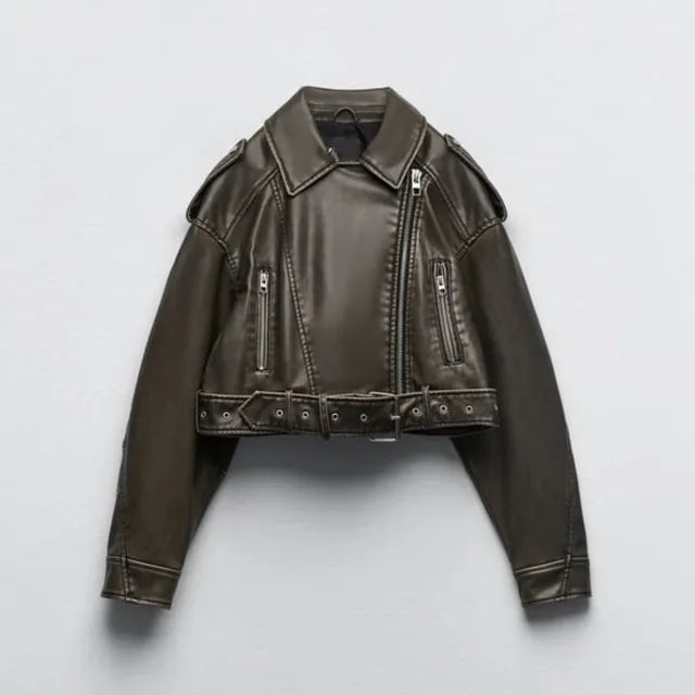 Jacket Women Short Faux Leather Belted – Casual