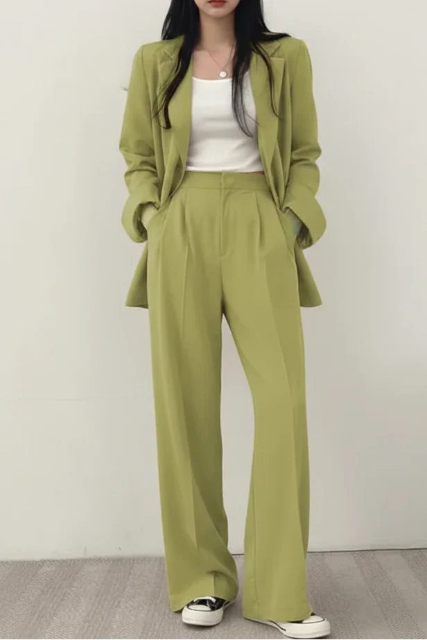 Blazer Set Women Loose Fit Wide Leg Trousers – Business