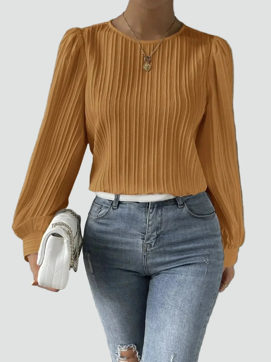 Blouse Women Pleated Puff Sleeve Fabric – Office