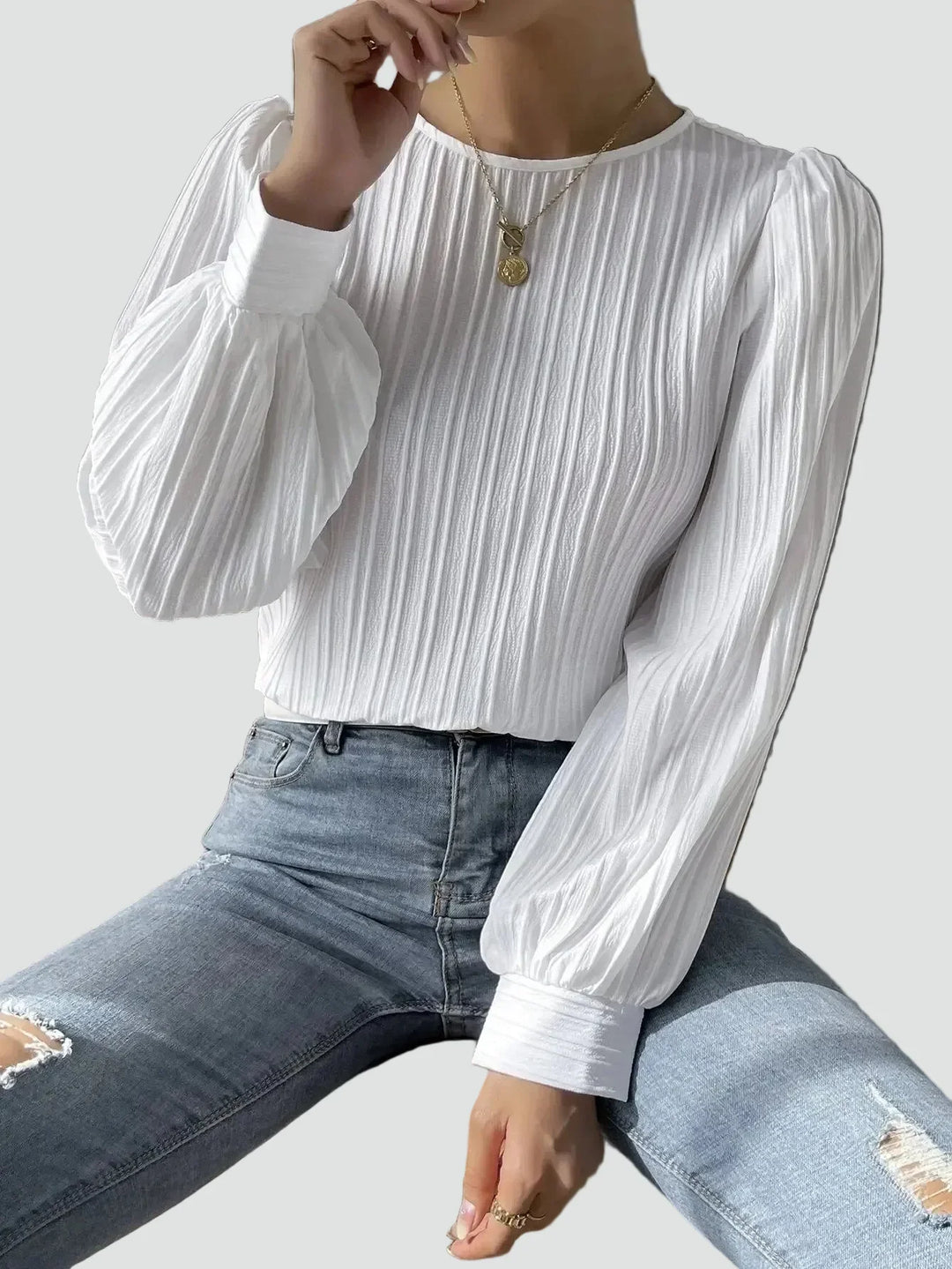 Blouse Women Pleated Puff Sleeve Fabric – Office