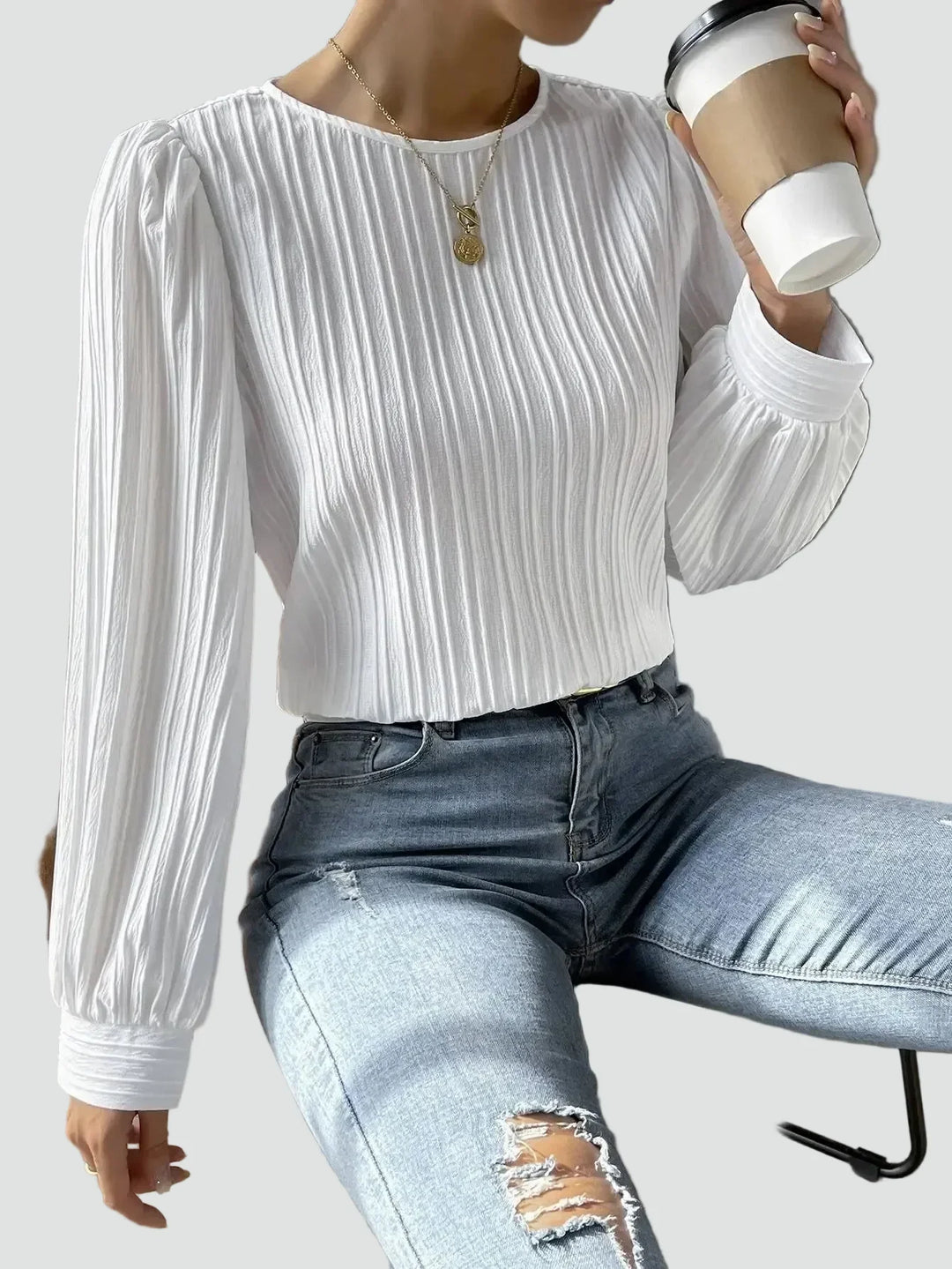 Blouse Women Pleated Puff Sleeve Fabric – Office