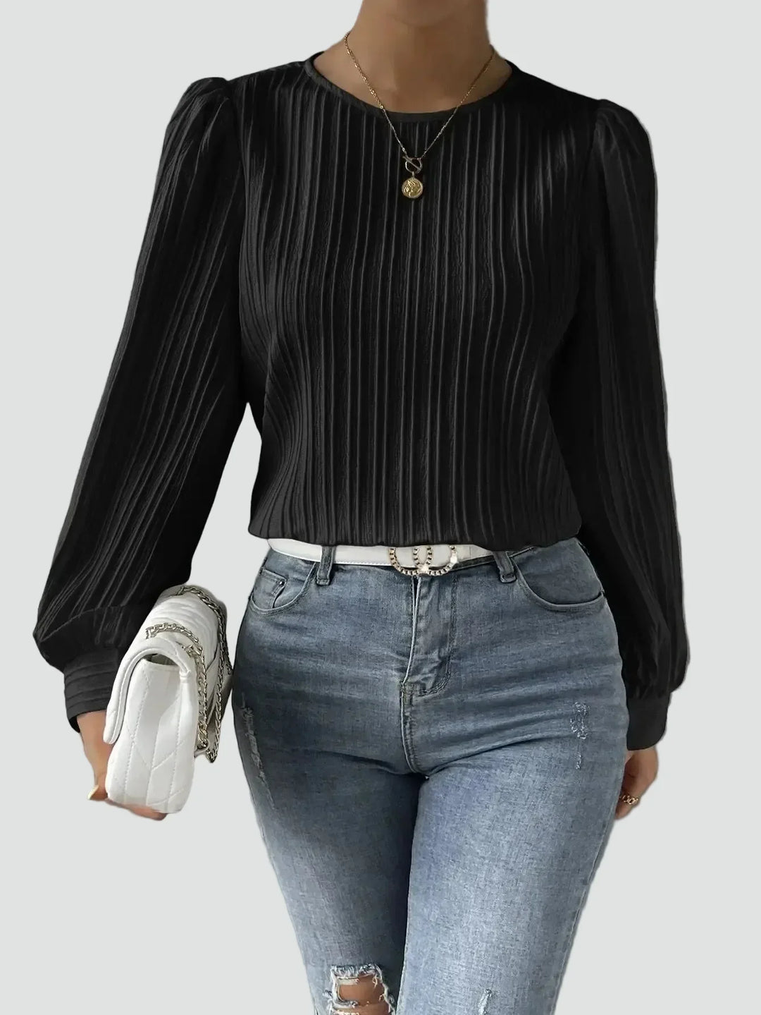 Blouse Women Pleated Puff Sleeve Fabric – Office