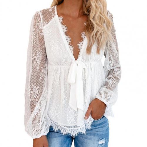 Blouse Women Lace Deep V-Neck Bow – Party