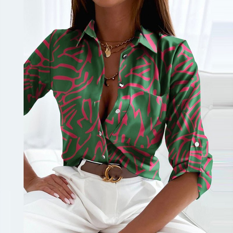 Blouse Women Wrap Collar Print – Office
