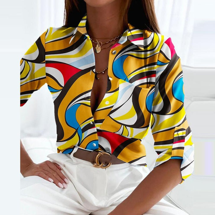 Blouse Women Wrap Collar Print – Office