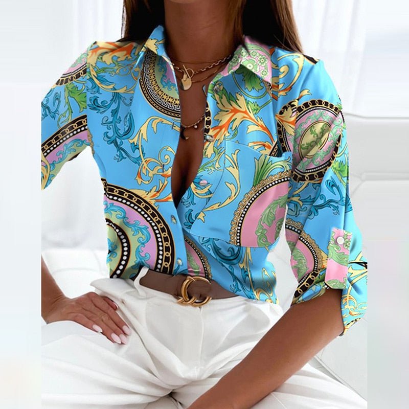 Blouse Women Wrap Collar Print – Office