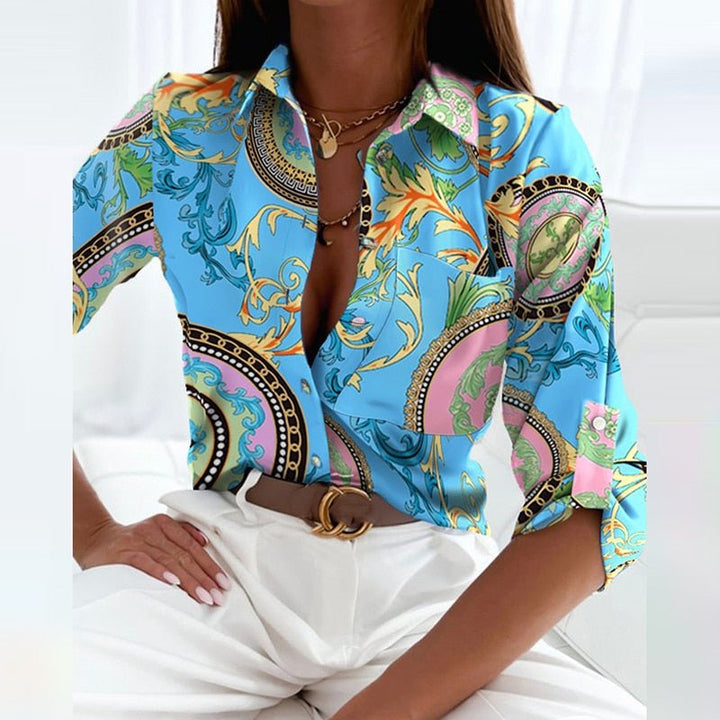 Blouse Women Wrap Collar Print – Office