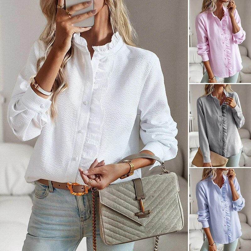 Shirt Women Ruffled Stand-Up Collar – Office