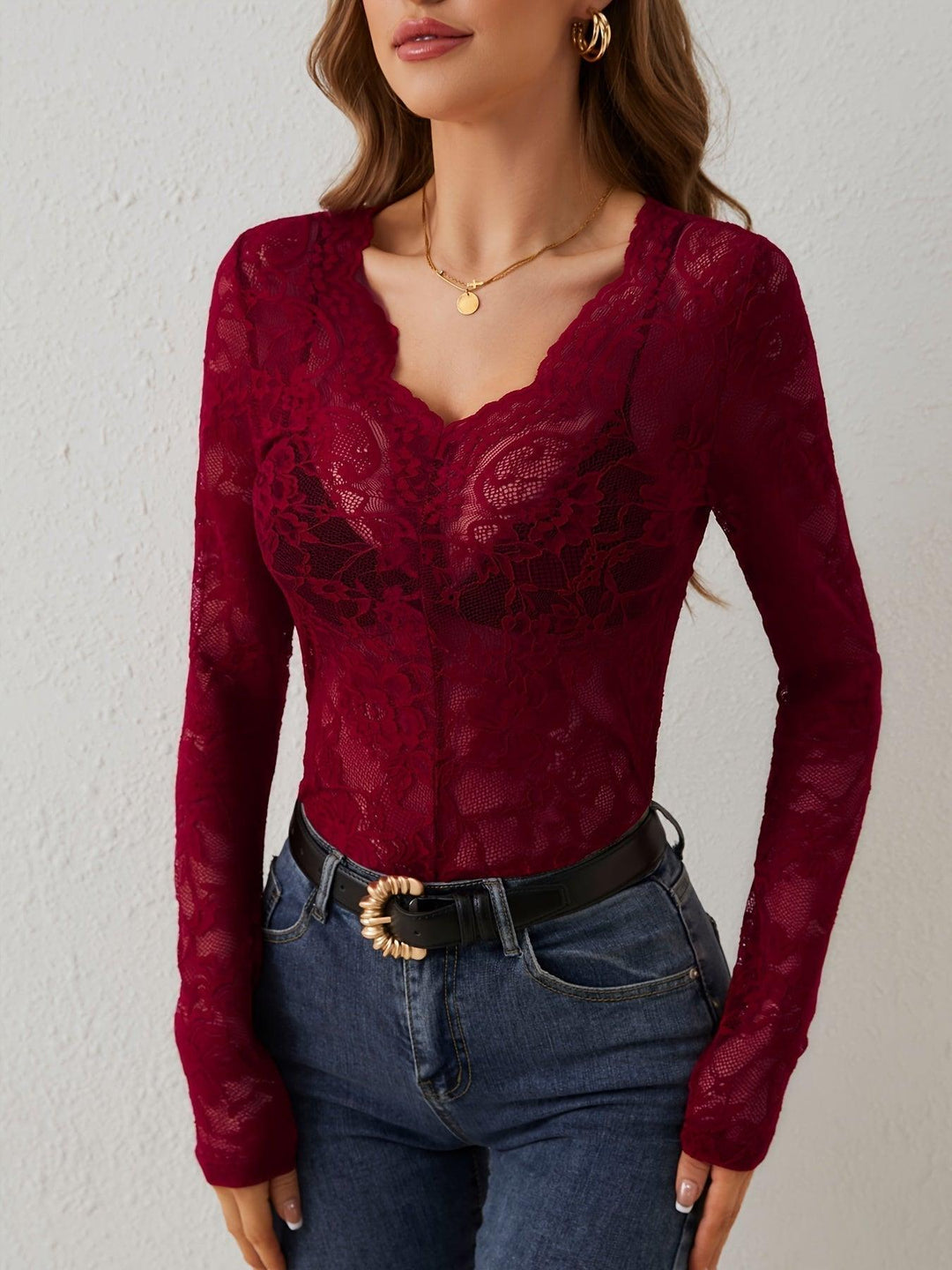 Bodysuit Women Lace Long Sleeve Deep Neckline – Party