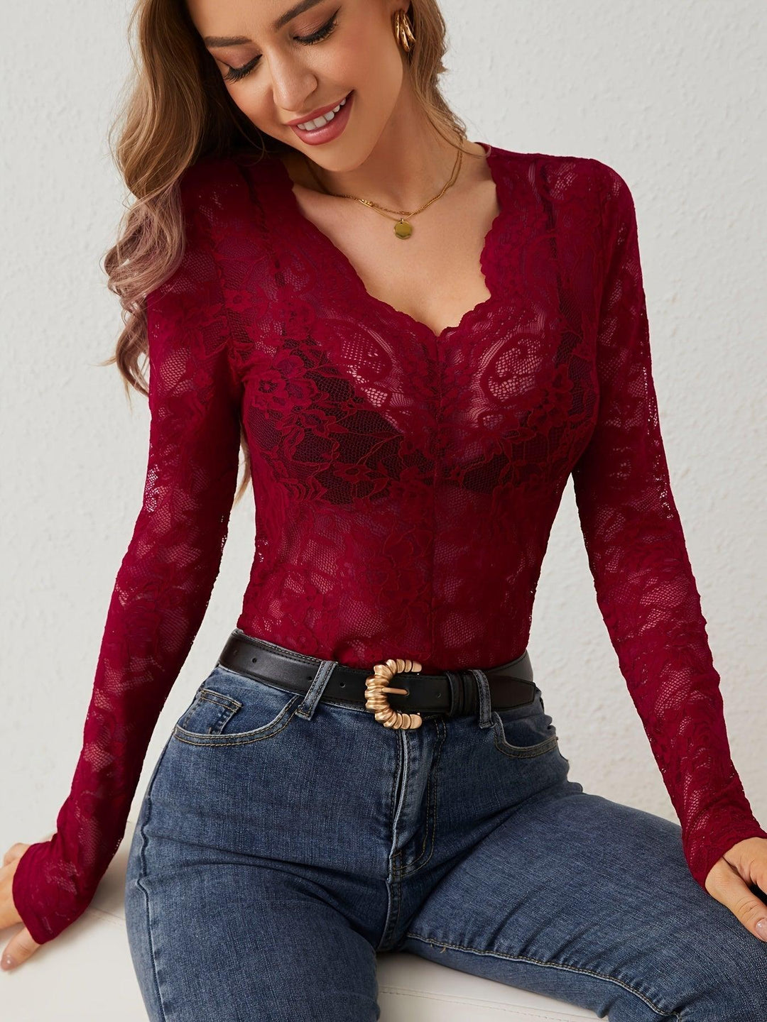 Bodysuit Women Lace Long Sleeve Deep Neckline – Party