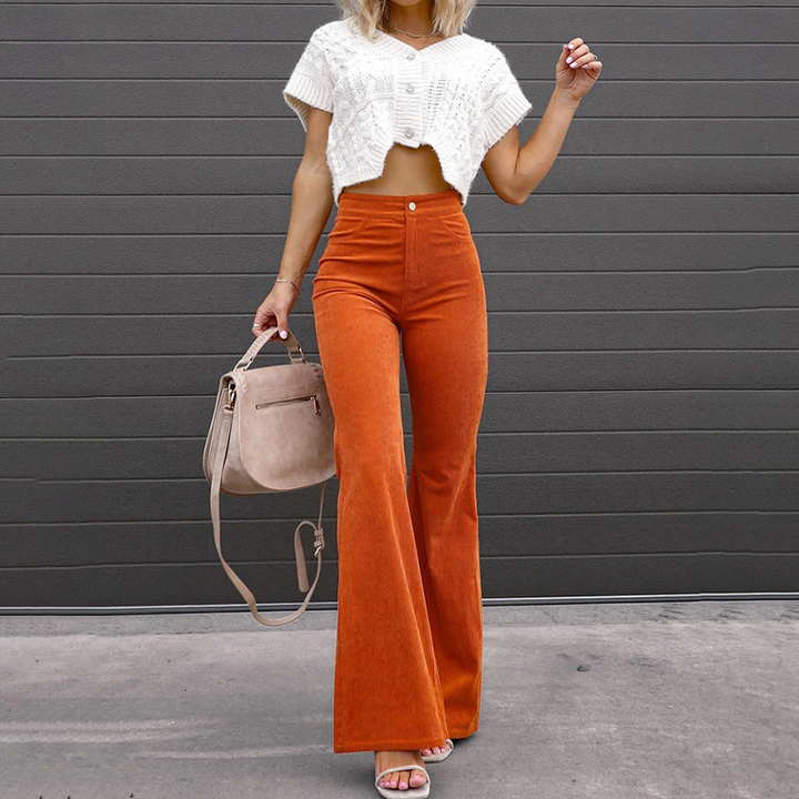 Trousers Women Flared High Waist Corduroy – Casual