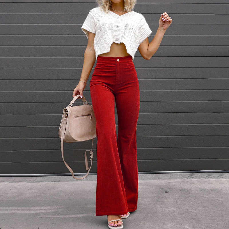 Trousers Women Flared High Waist Corduroy – Casual