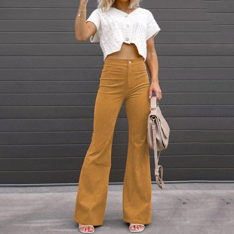 Trousers Women Flared High Waist Corduroy – Casual