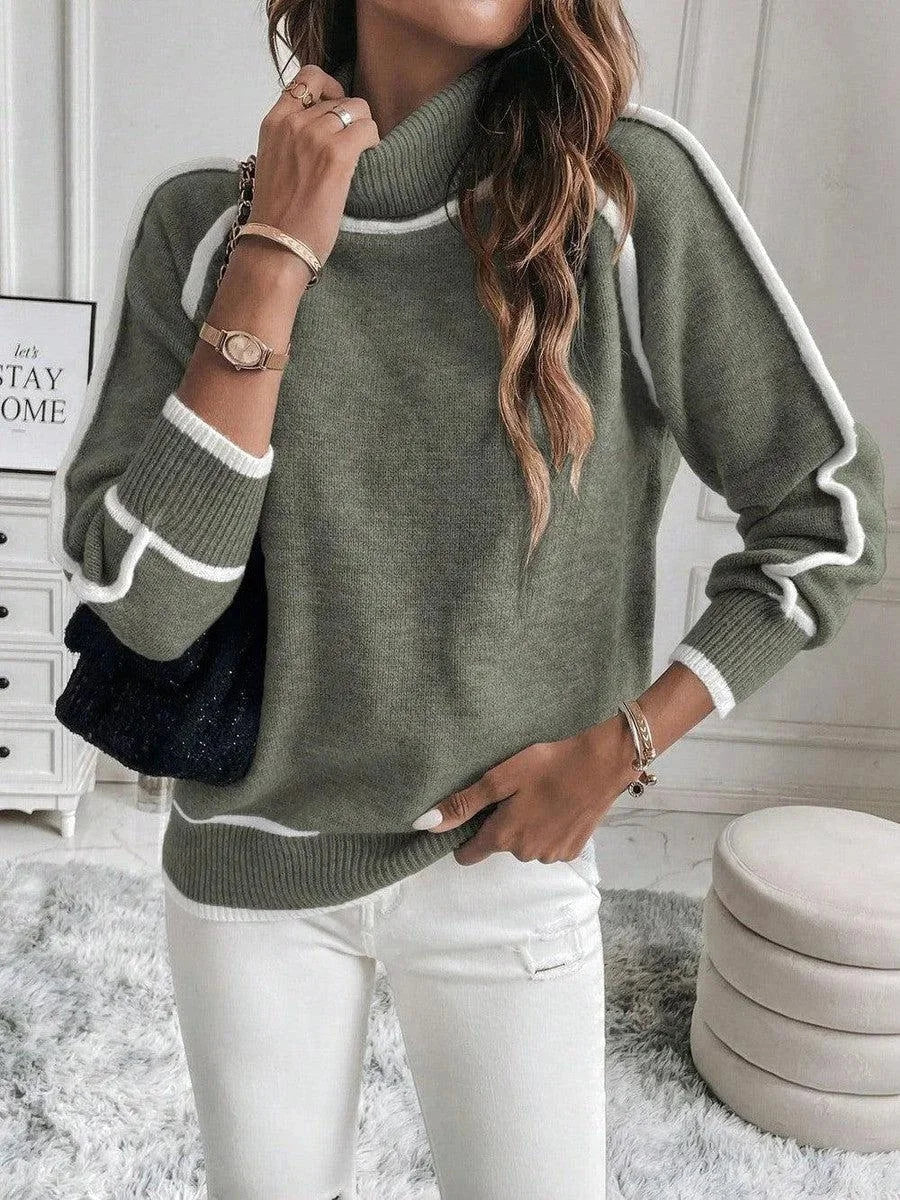 Jumper Women Knitted Turtleneck Contrast Trim – Winter
