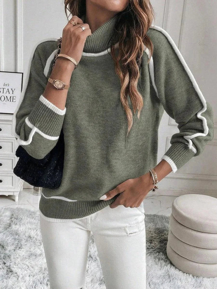 Jumper Women Knitted Turtleneck Contrast Trim – Winter
