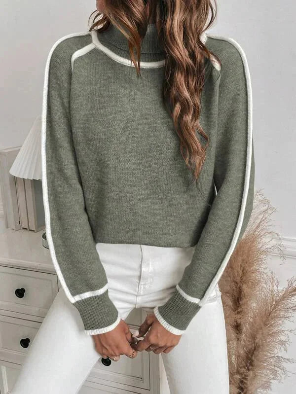 Jumper Women Knitted Turtleneck Contrast Trim – Winter