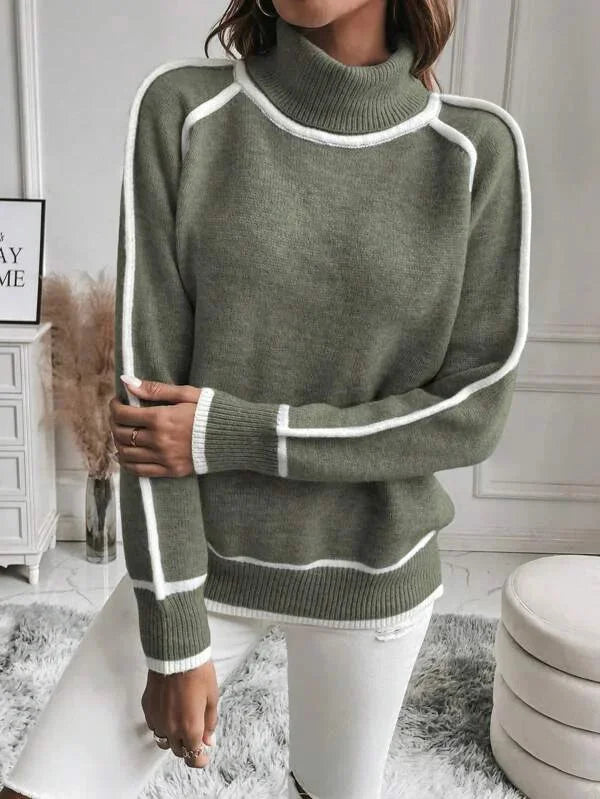 Jumper Women Knitted Turtleneck Contrast Trim – Winter