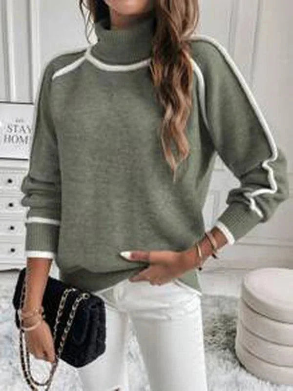 Jumper Women Knitted Turtleneck Contrast Trim – Winter