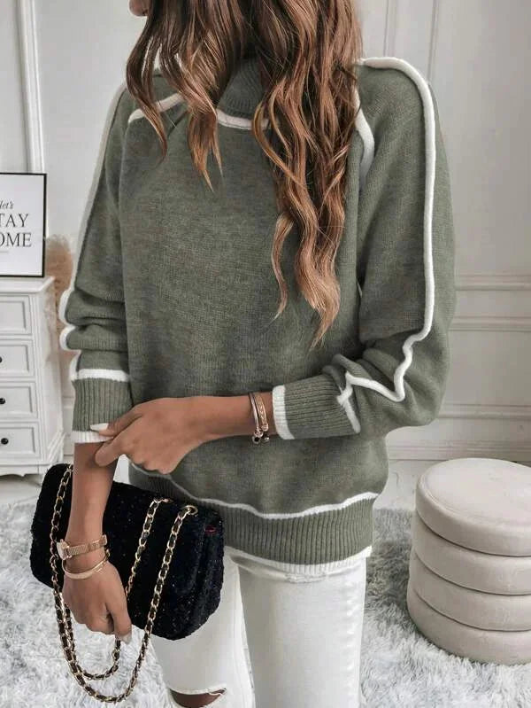 Jumper Women Knitted Turtleneck Contrast Trim – Winter