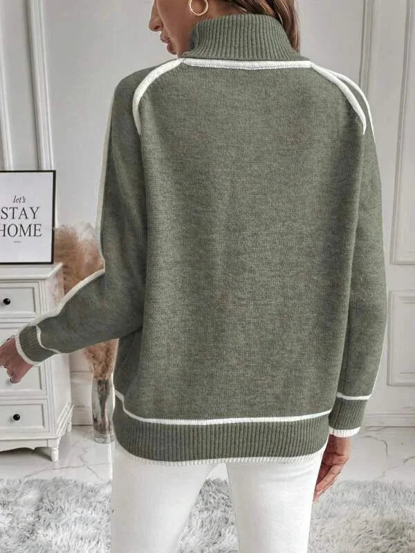 Jumper Women Knitted Turtleneck Contrast Trim – Winter
