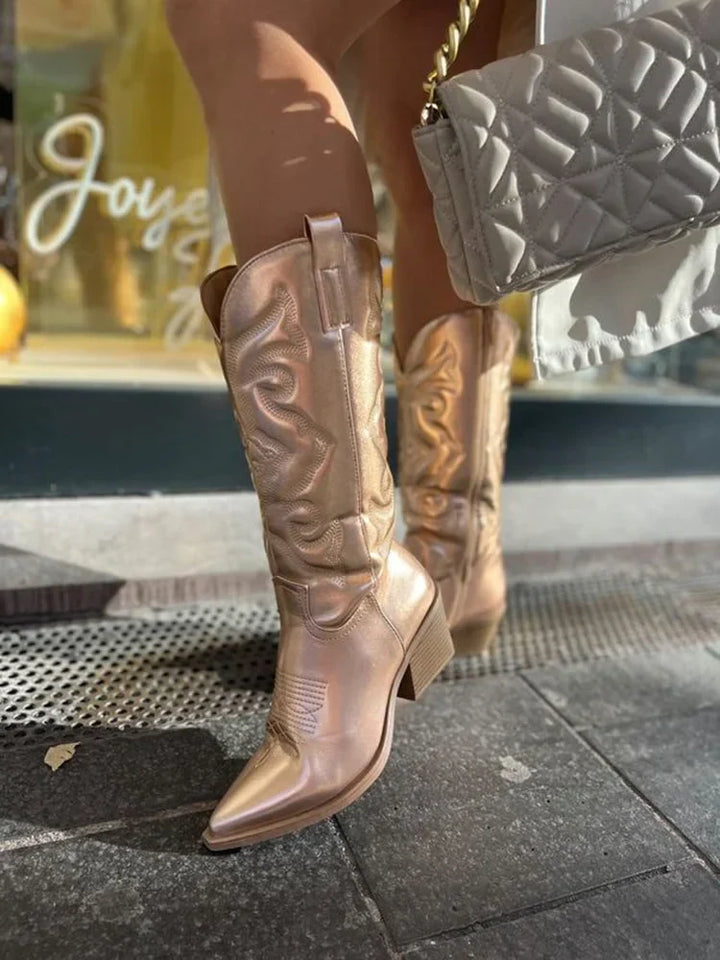 Boots Women Metallic Embroidered Side Zip – Party