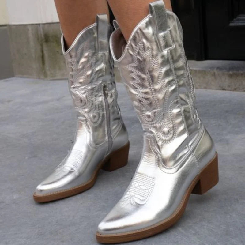 Boots Women Metallic Embroidered Side Zip – Party