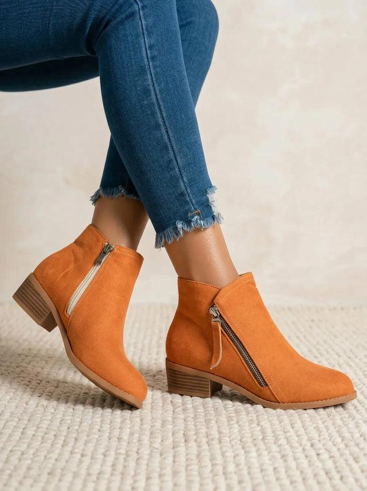 Ankle Boots Women Low Block Heel Side Zip – Casual