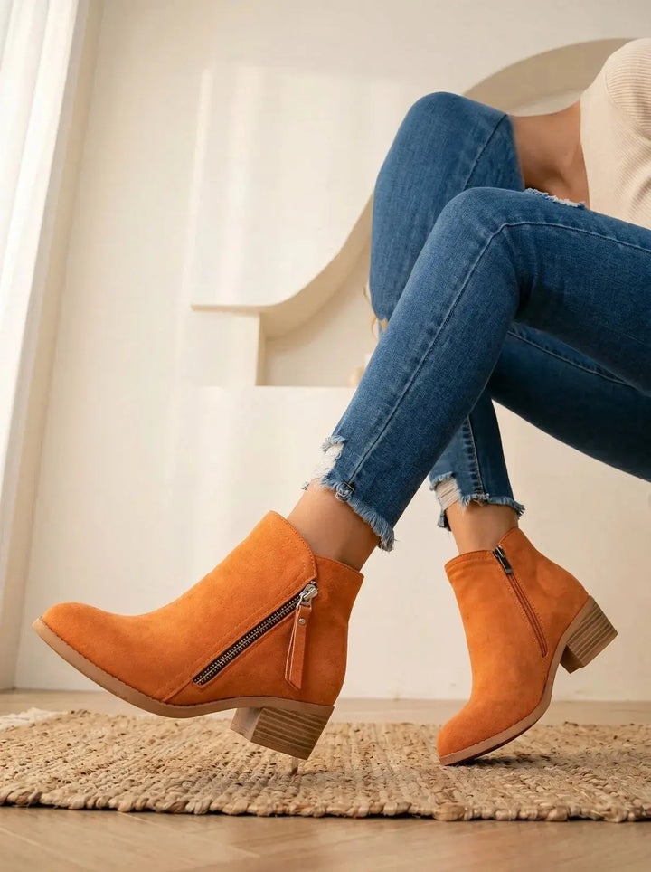 Ankle Boots Women Low Block Heel Side Zip – Casual