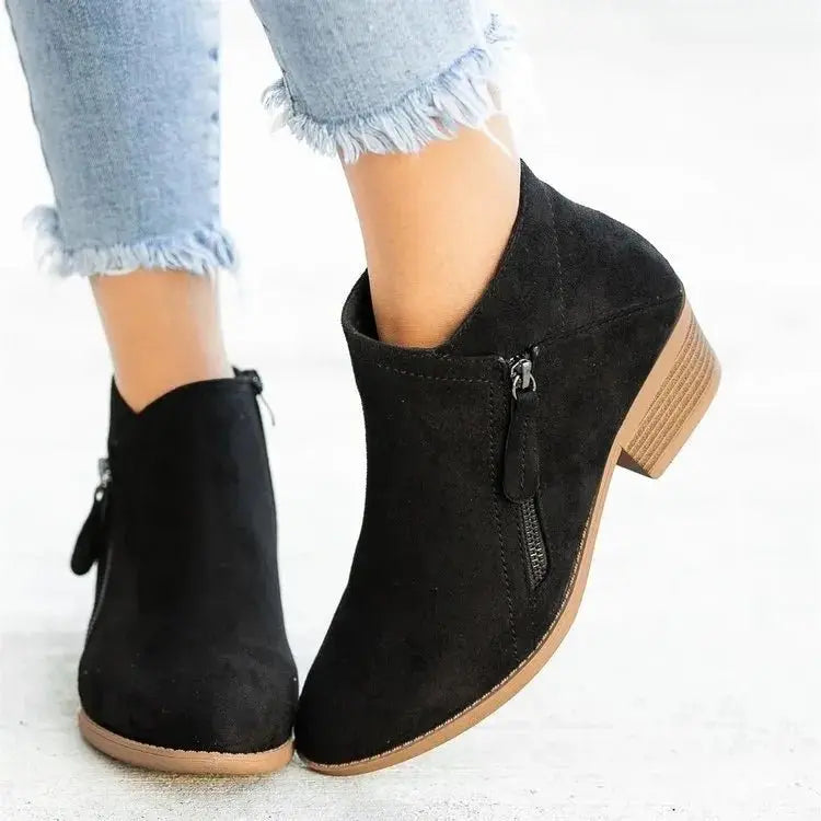 Ankle Boots Women Low Block Heel Side Zip – Casual