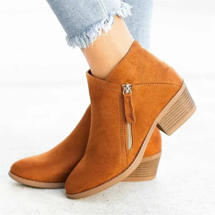 Ankle Boots Women Low Block Heel Side Zip – Casual