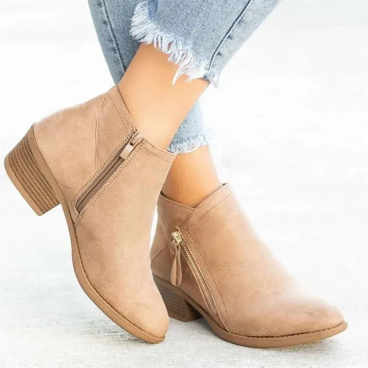 Ankle Boots Women Low Block Heel Side Zip – Casual