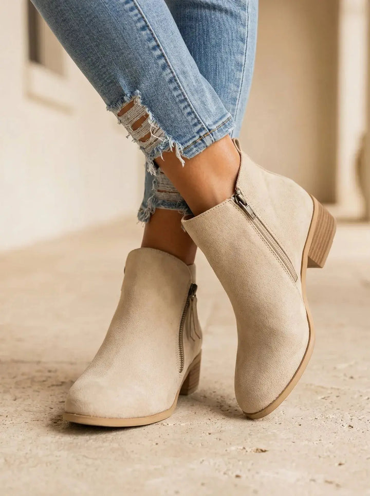 Ankle Boots Women Low Block Heel Side Zip – Casual
