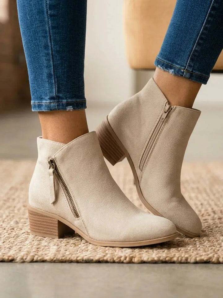 Ankle Boots Women Low Block Heel Side Zip – Casual